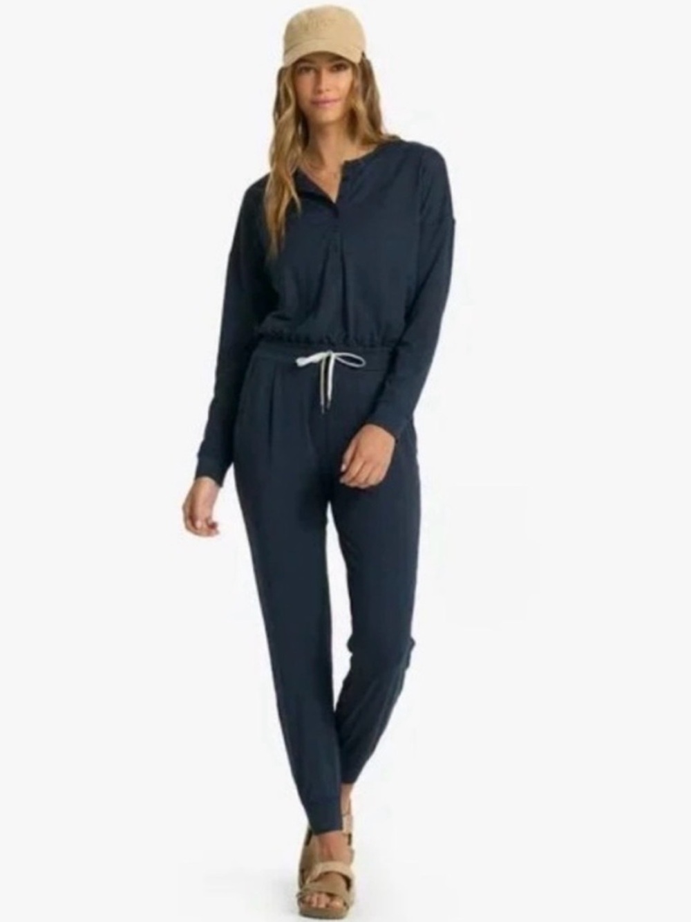 Vuori Navy Lux Henley Long-Sleeve Drawstring Jumpsuit